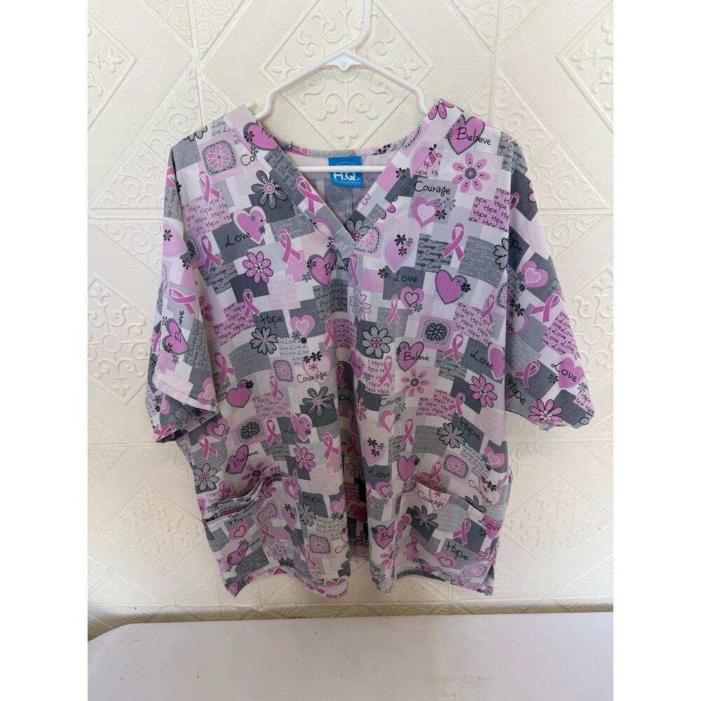 Scrub HQ 2 XL Scrub Top Cancer pinks short sleeve 28" pit to pit v-neck 3 pocket - Picture 9 of 10